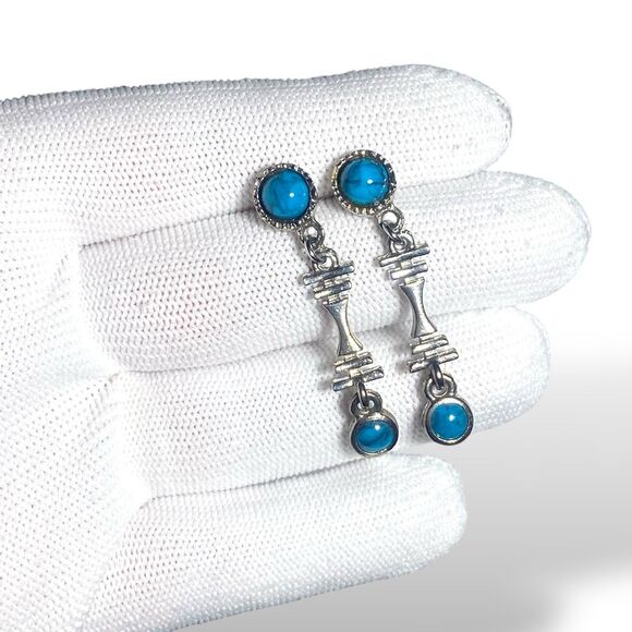 Vintage Silver Tone Turquoise Dangle Earrings Boho Tribal Statement Jewelry - Picture 5 of 7